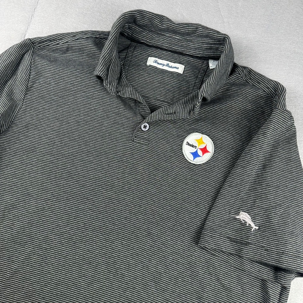 Tommy Bahama NFL Pittsburgh Steelers Mens Small Polo Shirt Grey Striped Cotton